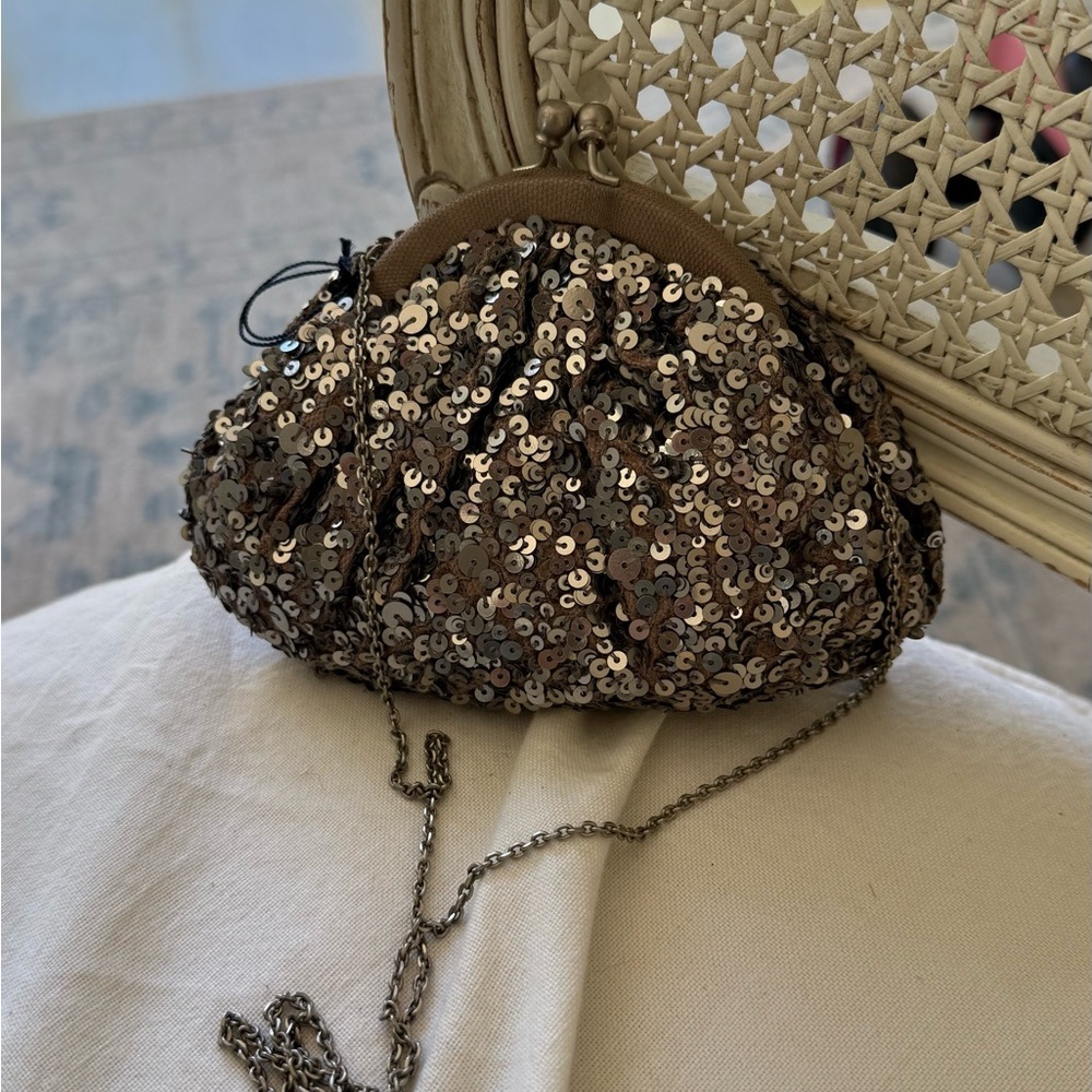 Brown Sequin Frame Clutch with Chain Strap